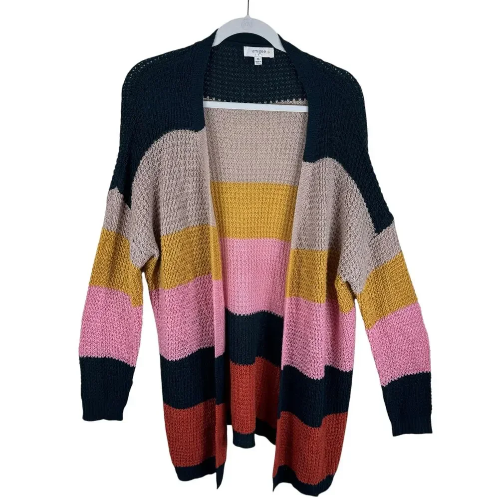 Umgee USA Colorful Striped Long Sleeve Lightweight Loose Knit Open Cardigan XL - Picture 3 of 7